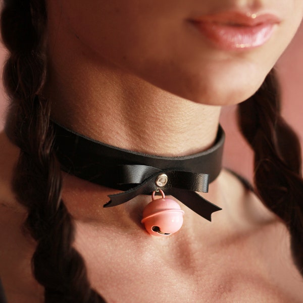 Kitten Play Collar DDLG collar Bell Black Choker Leather BDSM Collar bdsm Kitten choker Submissive Collar bdsm daddys girl slave collar pink