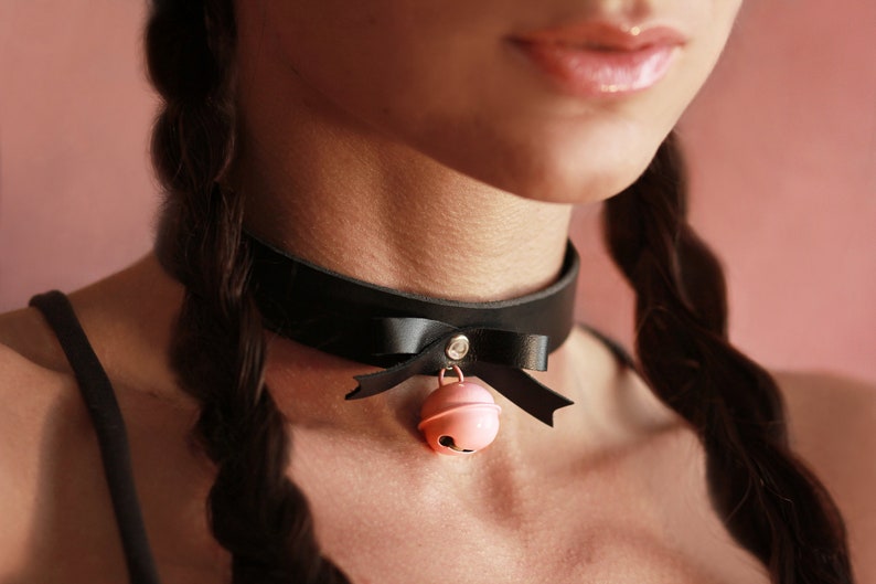 Kitten Play Collar DDLG collar Bell Black Choker Leather BDSM Collar bdsm Kitten choker Submissive Collar bdsm daddys girl slave collar pink image 1