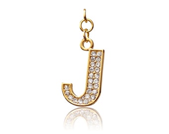 Gold J letter zipper charm with rhinestones for jacket.