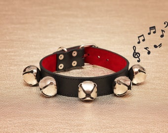 BDSM Bell collar 52 comics. Black leather and soft red velours leather with silver bells choker necklace with D-ring