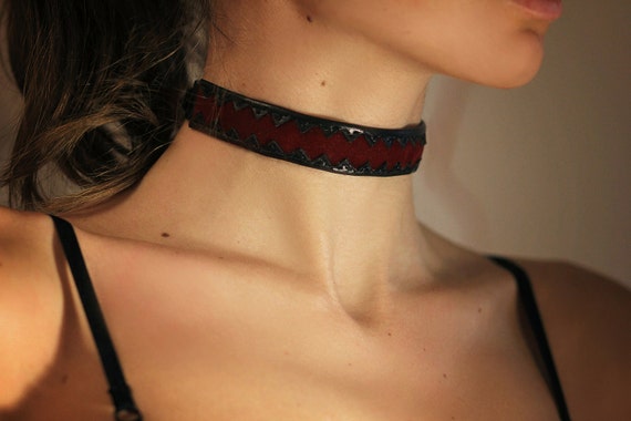 Black Leather Necklace Leather Choker BDSM Collar Black Choker Red