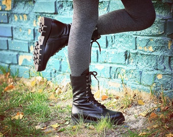 Black Combat Boots Women Leather Spring Boots Fur Rocker shoes Military Boots Black leather gothic shoes tactical boots tall lace up