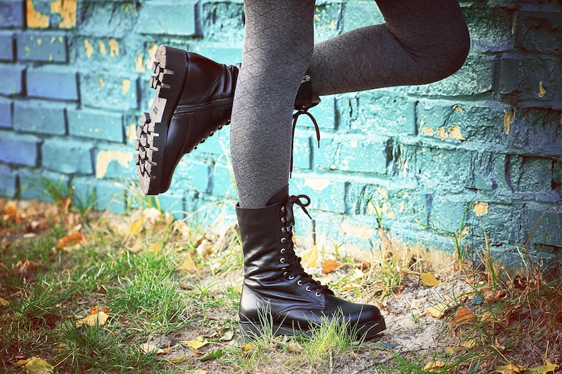 Black Combat Boots Women Leather Spring Boots Fur Rocker shoes Military Boots Black leather gothic shoes tactical boots tall lace up image 1