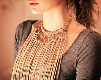 Beige Leather Long Fringe Jewelry Necklace leather necklace women sexy collar africa tribal choker hippie bib Necklace cowgirl necklace