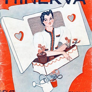 Könnte beinhalten: Vintage Zeitschriften-Cover "MINERVA" mit einer Frau in einem weißen Kleid, umgeben von einem Blumenkasten mit Blumen, Herzen und einer Gießkanne. Das Cover ist in Rot, Weiß und Blau gehalten.