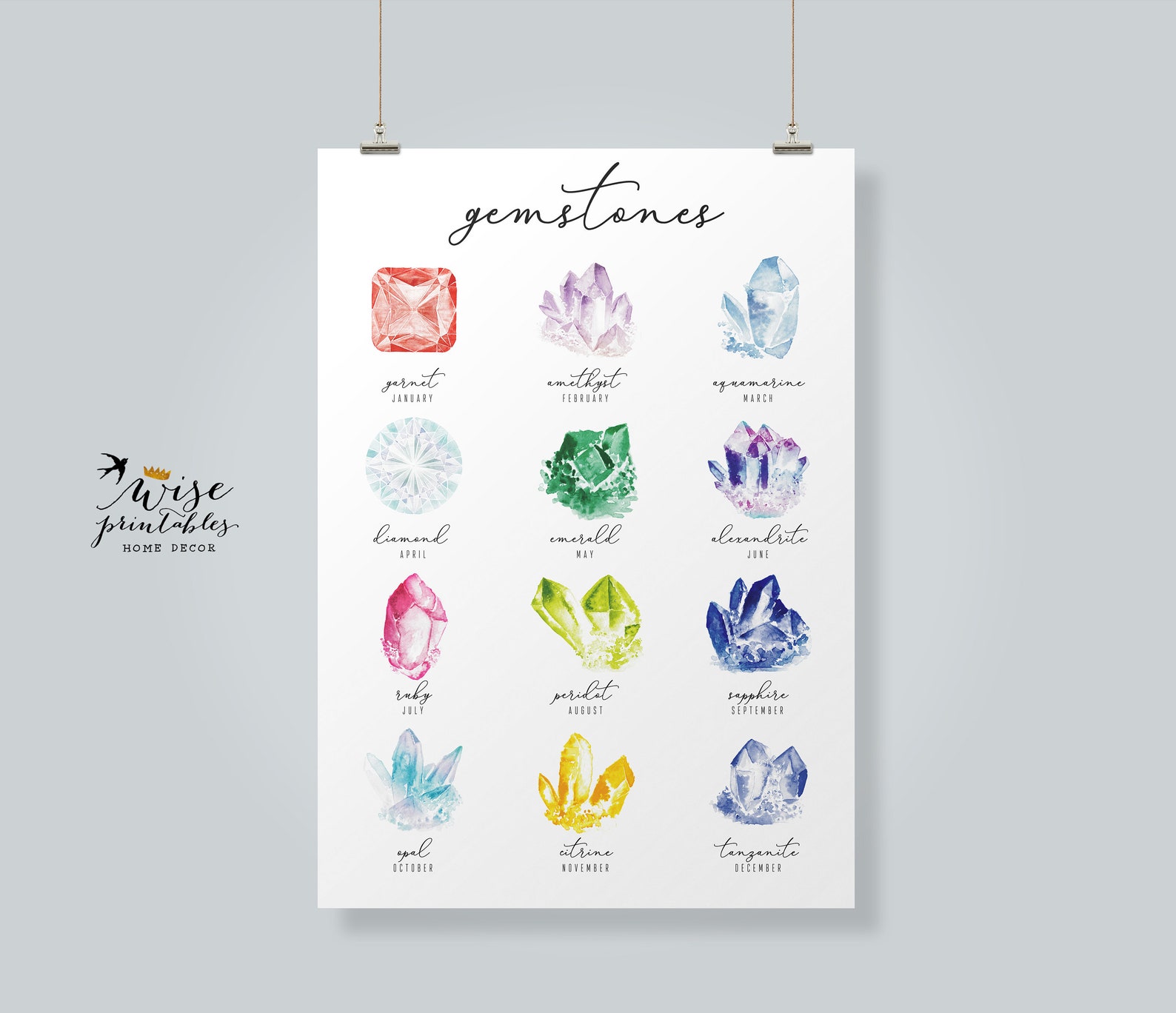 Birthstone chart print Watercolor Crystal and Gems printable | Etsy