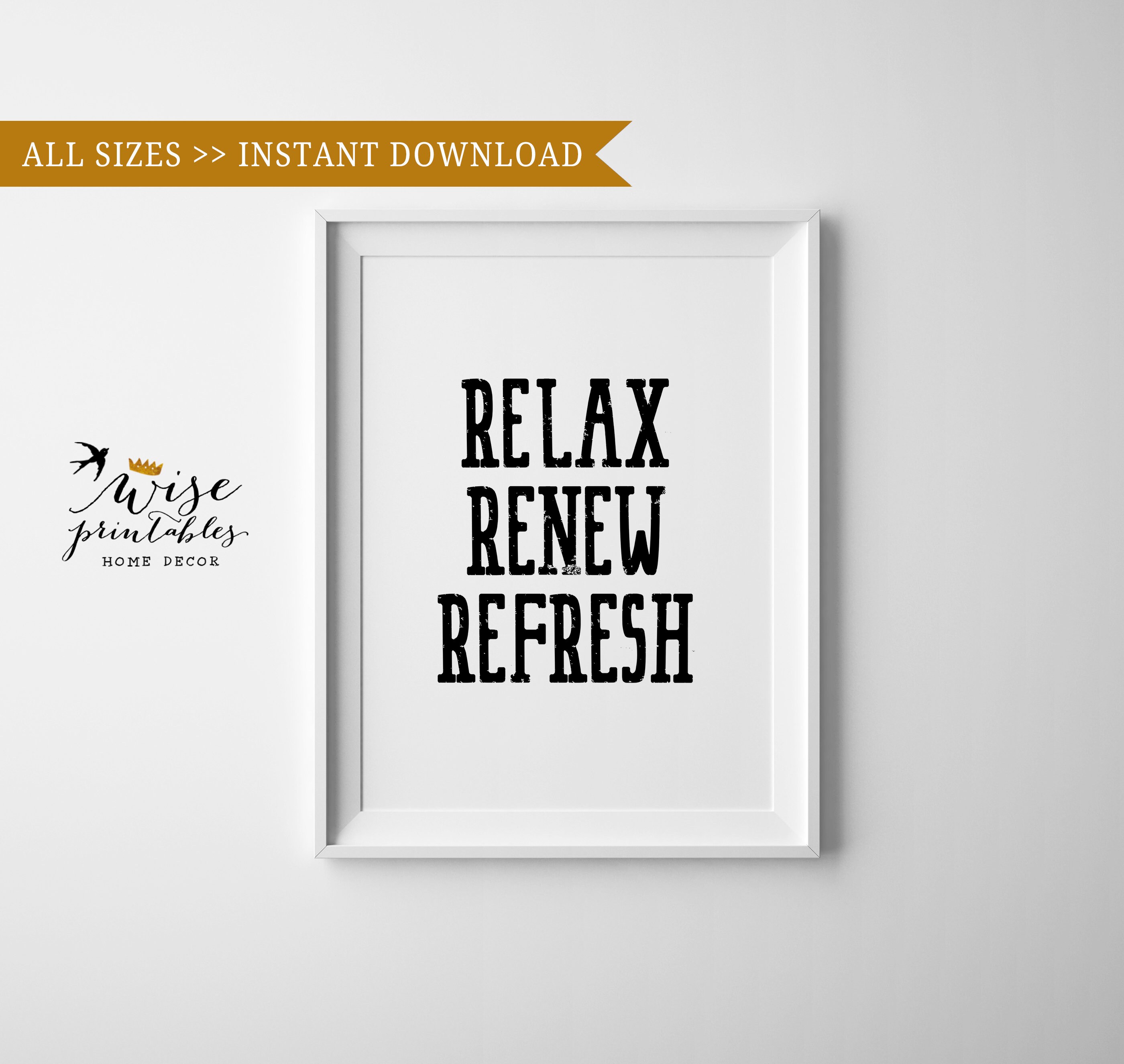 Relax Refresh Renew Bathroom wall art print poster sign black Etsy