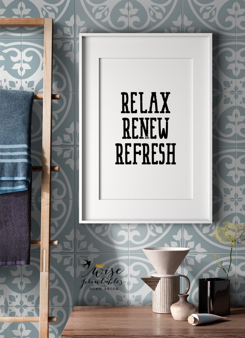 Relax Refresh Renew Bathroom wall art print poster sign black Etsy