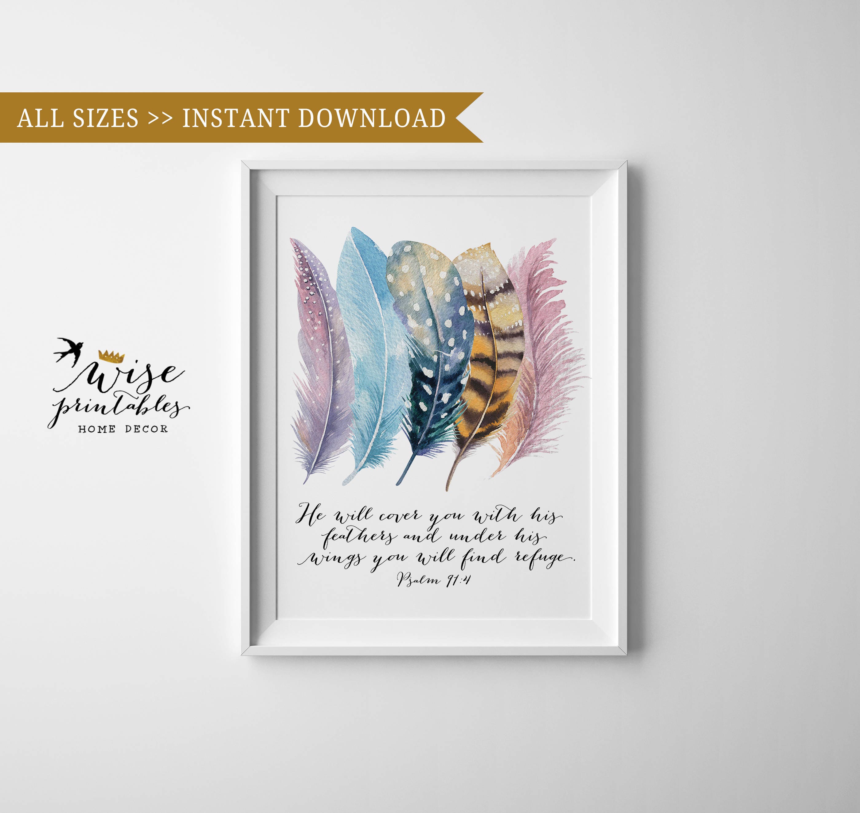 Bible Verse wall art Psalm 91:4 printable birds feathers | Etsy