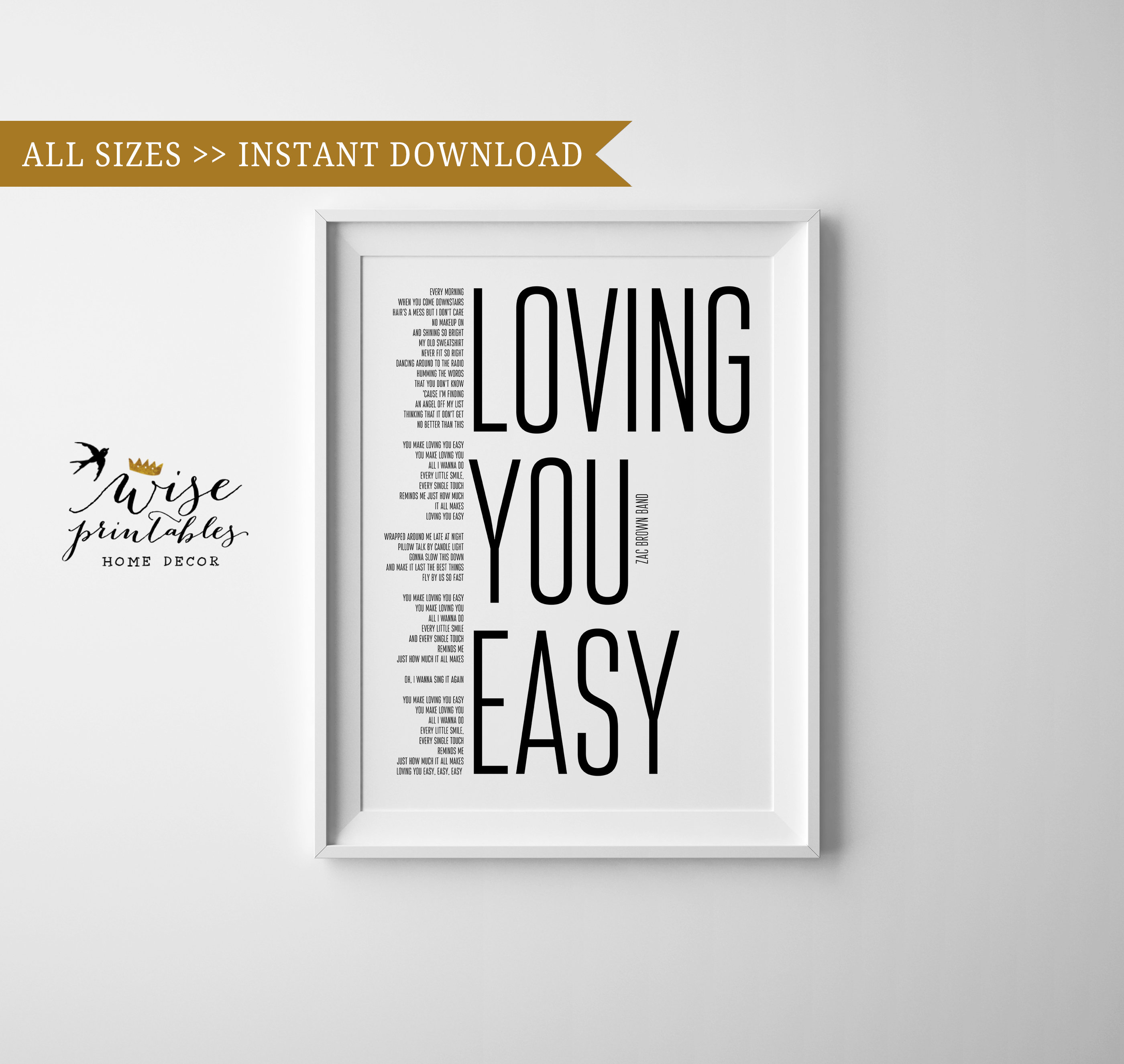 Zac Brown Loving You Easy Lyrics Decor Song Print Black White Etsy Australia