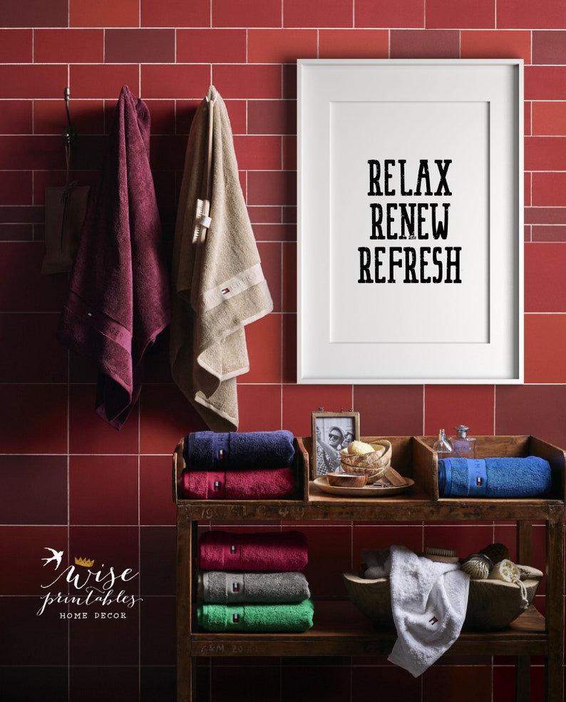Relax Refresh Renew Bathroom wall art print poster sign black Etsy