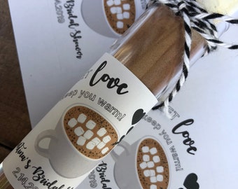 Hot chocolate wedding favor sticker, let love keep you warm, bridal shower favors, winter wedding favors, hot cocoa favor sticker