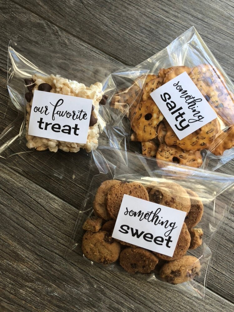 Something salty, something sweet and our favorite treat stickers wedding stickers, snack bag stickers, wedding hotel bag sticker set