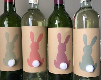 Easter Bunny Wine Label Table Decoration, Baby Shower Decorations, PomPom Bunny Wine