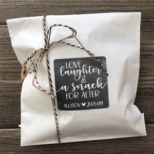 Wedding favor sticker, welcome bag sticker, love laughter and happily ever after, a snack for after