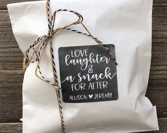 Wedding favor sticker, welcome bag sticker, love laughter and happily ever after, a snack for after