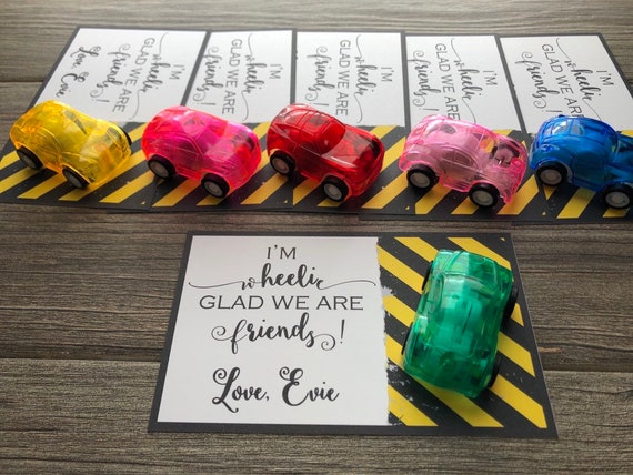 Kids Valentine, Valentine’s Day cards for kids, School Valentines, Car valentines for boys or girls, Im wheelie glad we are friends