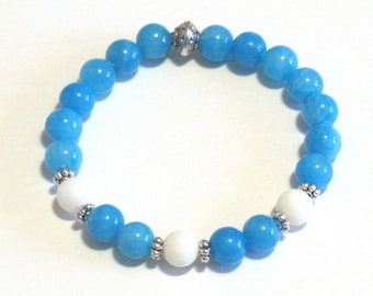 Blue & White Bead Bracelet / Ocean Blue Jade  and Mother of Pearl Bead Bracelet / Yoga Bracelet / Stretchy Beaded Bracelet - Fantastic 252