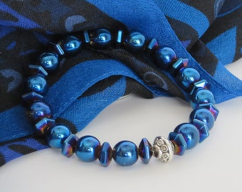 Blue Bead Bracelet / Blue Chakra Bracelet / Yoga Bracelet / Hematite Bracelet / Chakra Bracelet / Stretchy Beaded Bracelet - Fantastic 233
