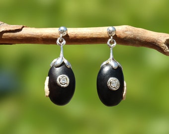 Original boho earrings with white zirconia and real seeds, Botanical dangle earrings for nature lovers gifts, Novelty black wood earrings