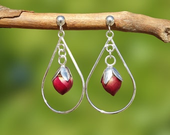 Red rose drop earrings, Rosebud earrings and botanical earrings, Natural Flower earrings, Real rose earrings for nature lovers gift