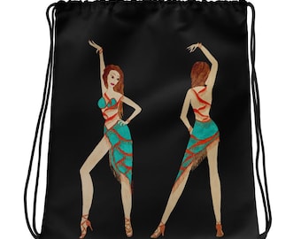 May include: Black drawstring bag featuring a watercolor illustration of two dancers in teal and red costumes. The dancers are in motion, with one arm raised. The costumes have fringe details, and the dancers wear high heels.
