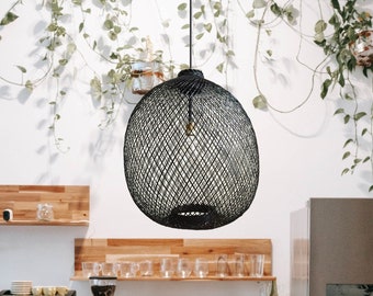 Rustic ceiling light black wicker wood Chandelier pendant rattan oval ceiling lamp living room fixture country modern bohemian