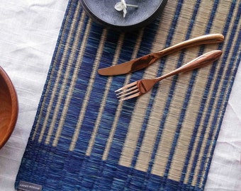 SET2 Blue indigo placemats, tie dye rustic placemats, woven placemats, Handmade Table mat, organic placemats, dining placemat, reeds trivet