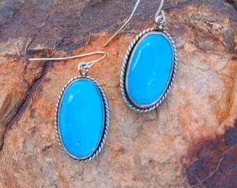 Bright Blue Chrysocolla Stone dangle earrings, French Hooks, Sterling Silver