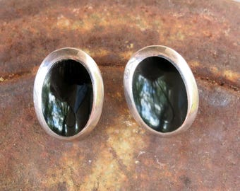 VINTAGE ONYX & STERLING Silver Earrings, Posts