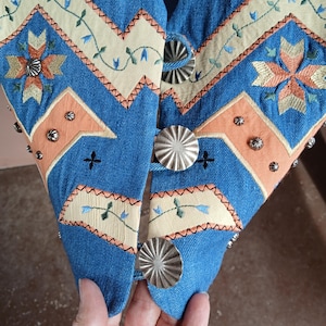 SADDLERIDGE DENIM VEST, Embroidered, Orange & Yellow Appliques