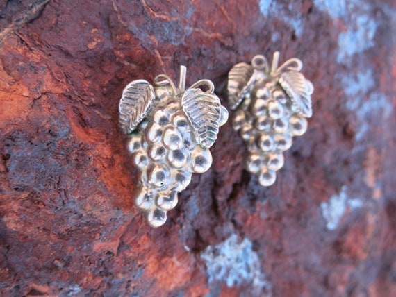 Silver Grapes Earrings, Vintage, Sterling, Clips - image 1