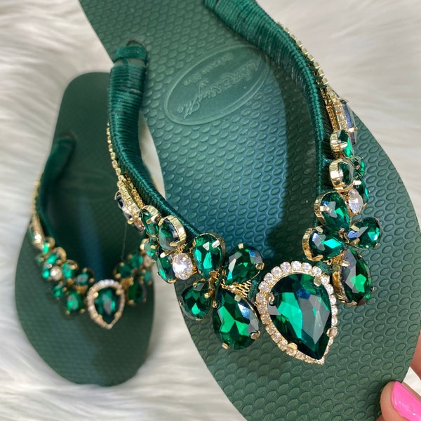 Luxurious Flip Flops for Women Green Luxury Flip Flops with Rhinestones Bling Flip Flops Sparkly Flip Flops Crystal Sandals Bling Sandals