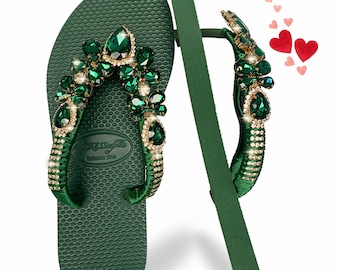 Green Flip Flops with Rhinestones: Women's Bling Crystal Sandals