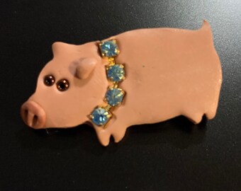 Handmade Pig Brooch with Rhinestone Collar, Signed Lisa Monday