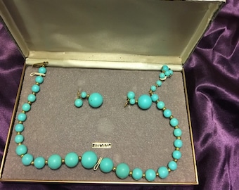 Mid Century Turquoise Bead Choker and Earrings, 12k Gold Filled