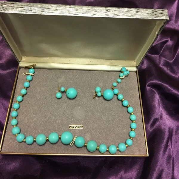 Glorious bead set mid century choker and screw back earrings 12k gold filled in original box