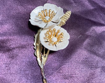 Vintage 1960s Enamel Flower Brooch, Gold Tone