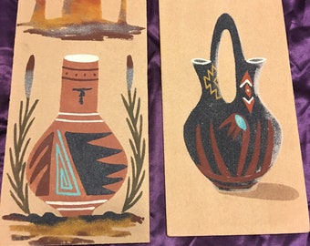 Pair Navajo Native American sand paintings signed Bryon and Wilson Price Sr