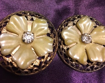 Vintage showy faux mother of pearl earrings with rhinestone centers