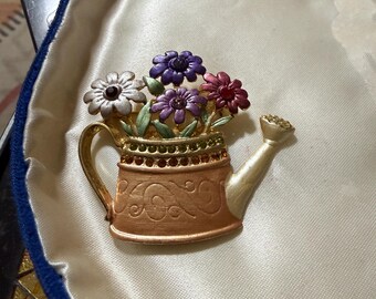 Pretty watering can brooch with rhinestones vintage