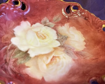 Hand Painted Rose Bowl: Red Candy Dish with Handles, 1940s Bavaria Style
