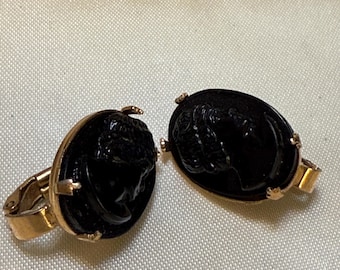 Coro vintage black cameo clip earrings