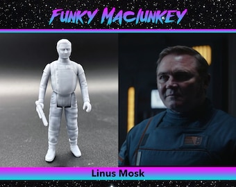 May include: A light gray action figure of a character holding a blaster pistol, next to a portrait of a man in a blue uniform. The text "FUNKY MACLUNKEY" is in the center of the image, with the name "Linus Mosk" below the portrait.