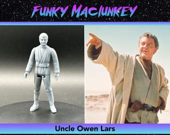 May include: A gray plastic action figure of Uncle Owen Lars from Star Wars. The figure is posed with his arms outstretched and is wearing a white robe. The figure is standing on a white background. The text "Uncle Owen Lars" is written below the figure.