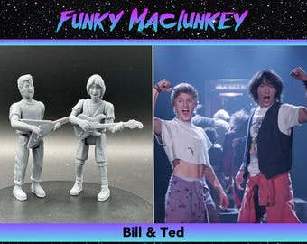May include: Two 3D printed figurines of Bill and Ted from the movie Bill & Ted's Excellent Adventure. The figurines are holding guitars and are posed in a standing position. The background is a blue and purple gradient.