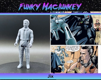 May include: A gray plastic action figure of a man wearing a white shirt, a brown belt, and gray pants. The figure is standing on a white background. The figure is from the Star Wars universe. The image also includes a comic book panel featuring Darth Vader and a character from the Star Wars universe.