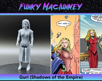 May include: A gray plastic action figure of a female character from the Star Wars universe. The figure is standing on a white background. The figure is wearing a white and gray outfit. The figure is holding a weapon in her right hand. The figure is labeled "Guri (Shadows of the Empire)".