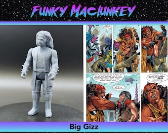 May include: A gray 3D printed action figure of a character with long hair and a beard. The figure is standing on a white background. The figure is wearing a long, flowing robe and has a sword strapped to its back. The figure is from the "Funky Maclunkey" brand.
