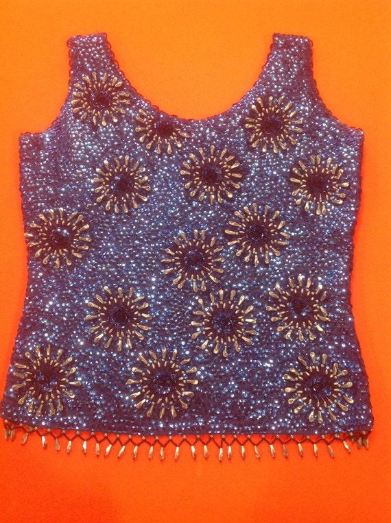 Beautiful Vintage Blue Sequin and Bead top with b… - image 1